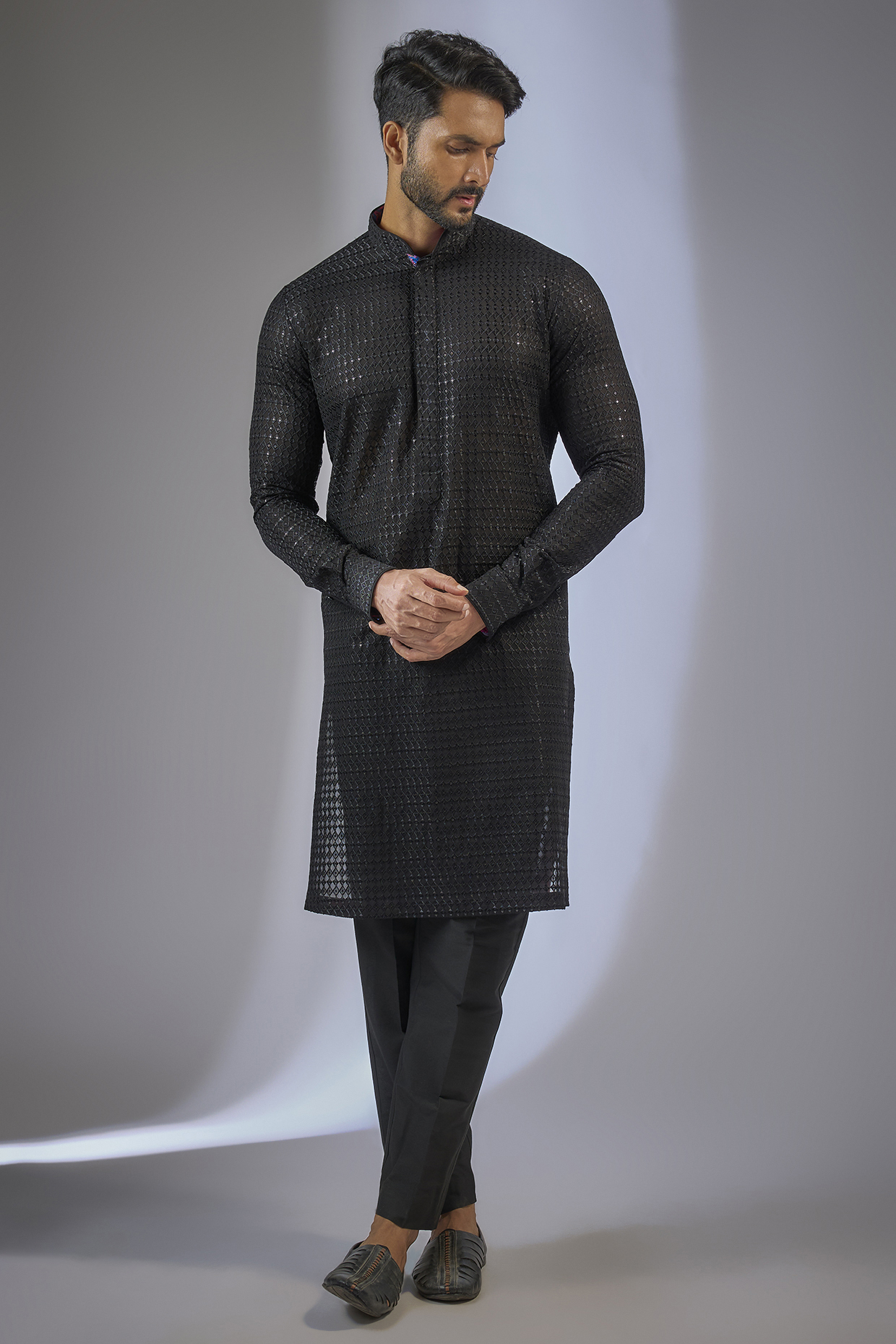 Black Georgette Sequin Embroidered Kurta Set by Rabani & Rakha Men