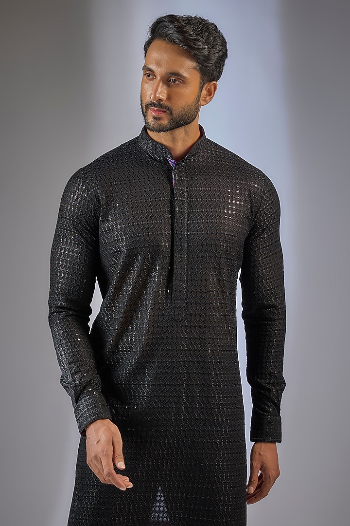 Black Georgette Sequin Embroidered Kurta Set by Rabani & Rakha Men at Pernia's Pop Up Shop