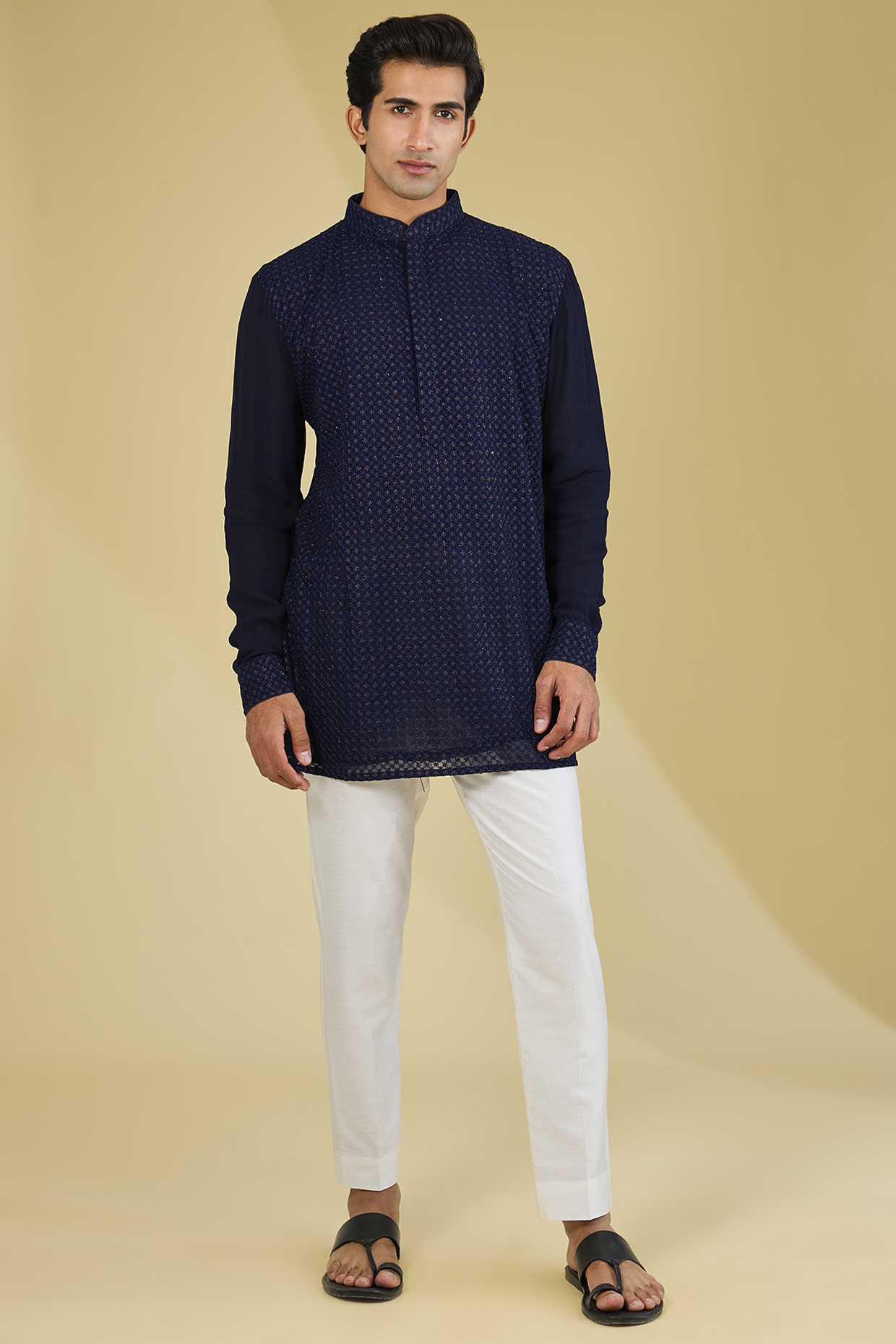 Blue Georgette Sequins Embroidered Kurta by Rabani & Rakha Men