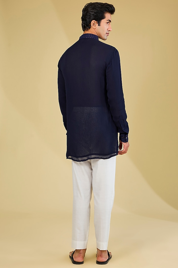 Blue Georgette Sequins Embroidered Kurta by Rabani & Rakha Men at Pernia's Pop Up Shop