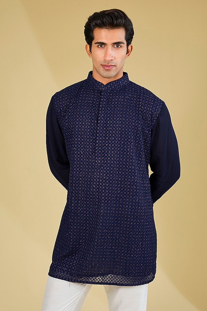 Blue Georgette Sequins Embroidered Kurta by Rabani & Rakha Men at Pernia's Pop Up Shop