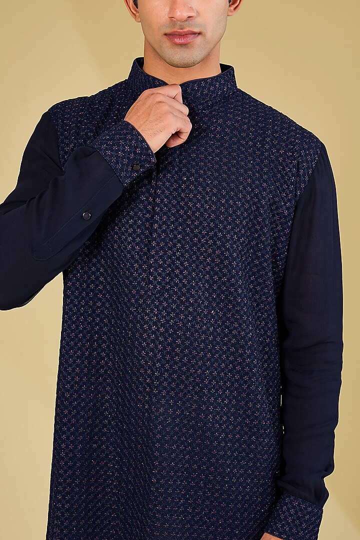 Blue Georgette Sequins Embroidered Kurta by Rabani & Rakha Men at Pernia's Pop Up Shop