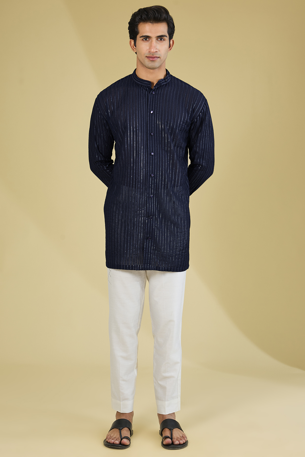 Blue Georgette Sequins Embroidered Kurta by Rabani & Rakha Men