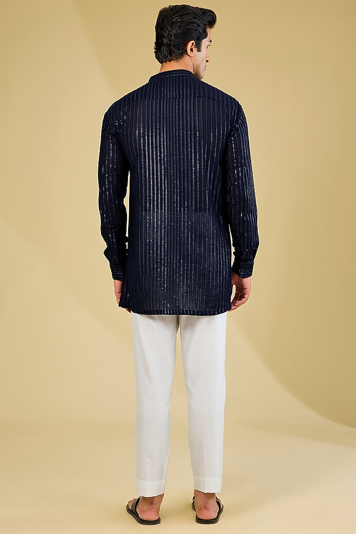 Blue Georgette Sequins Embroidered Kurta by Rabani & Rakha Men at Pernia's Pop Up Shop