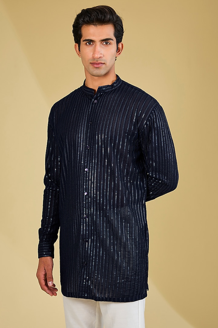 Blue Georgette Sequins Embroidered Kurta by Rabani & Rakha Men at Pernia's Pop Up Shop