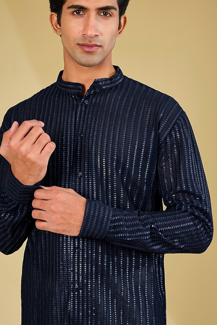 Blue Georgette Sequins Embroidered Kurta by Rabani & Rakha Men at Pernia's Pop Up Shop