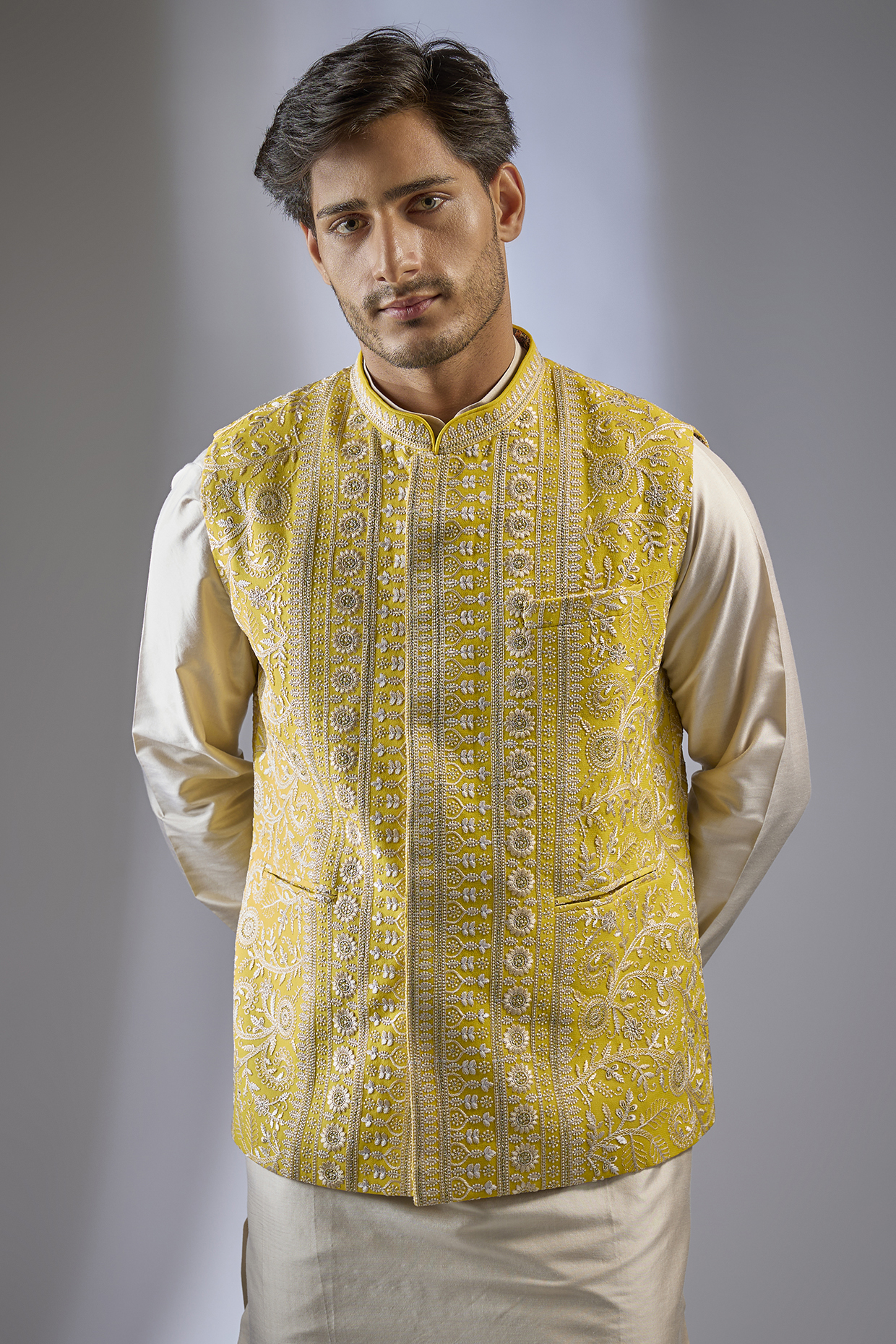 Yellow Georgette Sequin Work Bundi Jacket by Rabani & Rakha Men