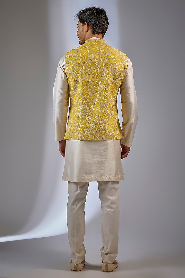 Yellow Georgette Sequin Work Bundi Jacket by Rabani & Rakha Men at Pernia's Pop Up Shop