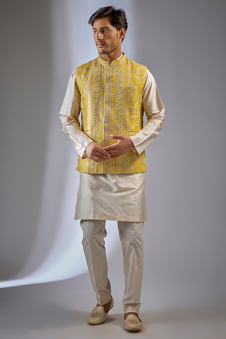 Yellow Georgette Sequin Work Bundi Jacket by Rabani & Rakha Men at Pernia's Pop Up Shop