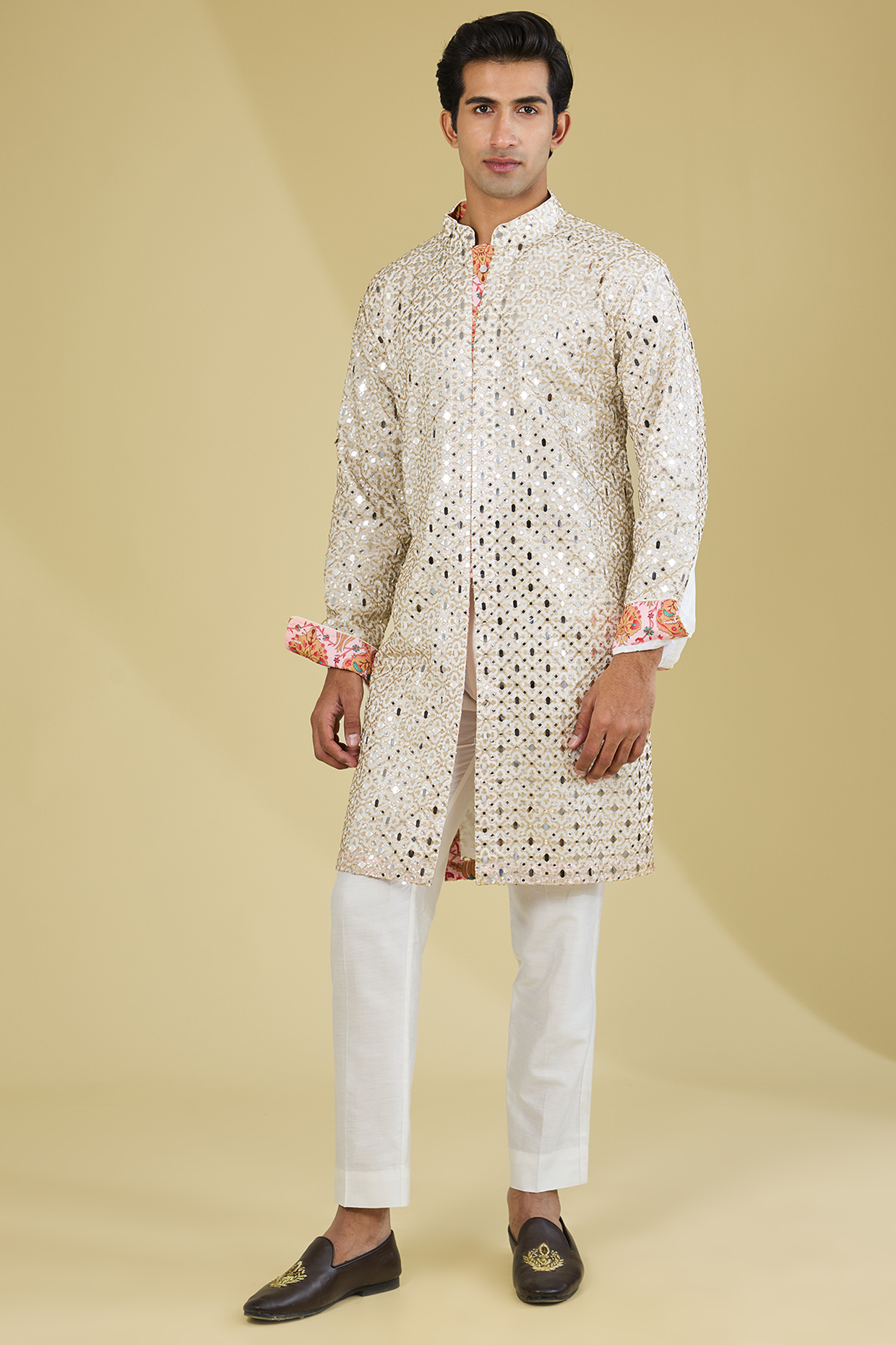 Ivory Georgette Mirror Embroidered Kurta Set by Rabani & Rakha Men