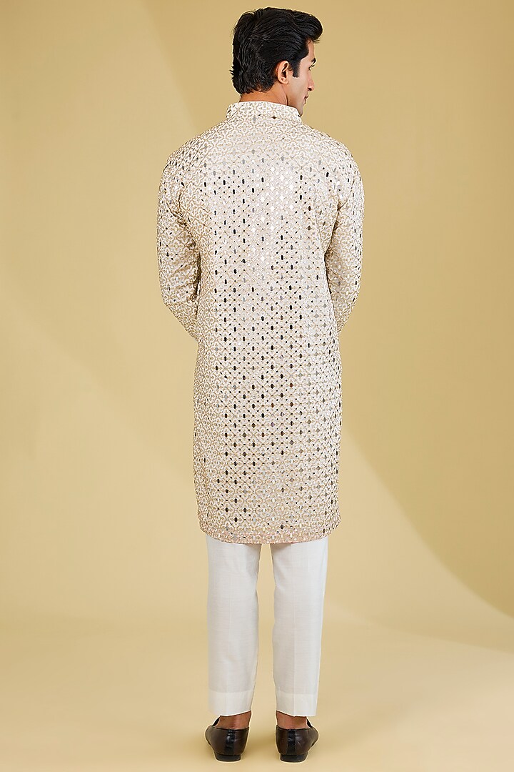 Ivory Georgette Mirror Embroidered Kurta Set by Rabani & Rakha Men at Pernia's Pop Up Shop