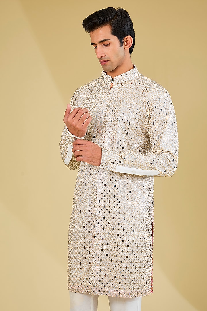 Ivory Georgette Mirror Embroidered Kurta Set by Rabani & Rakha Men at Pernia's Pop Up Shop