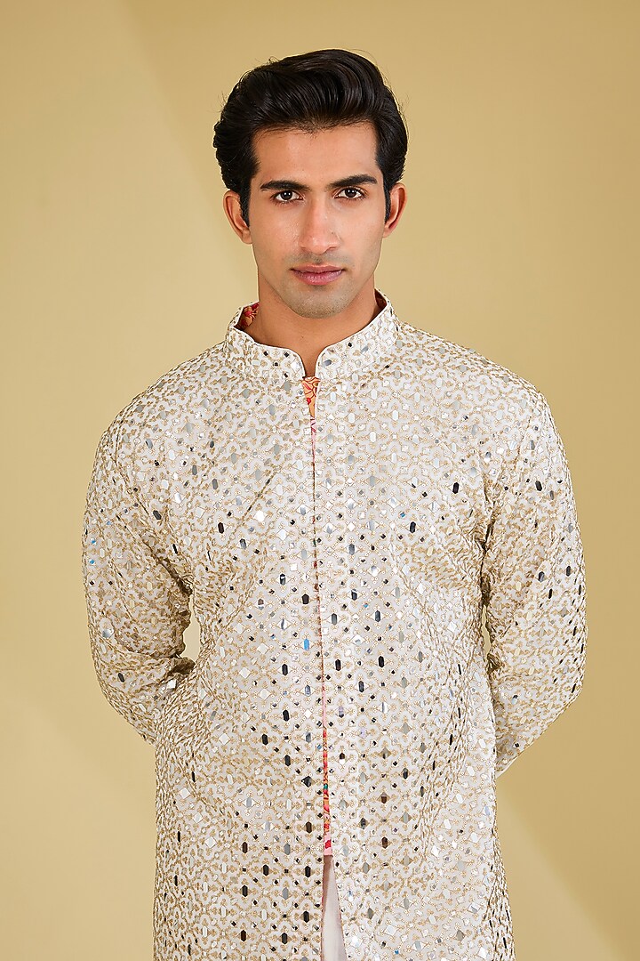 Ivory Georgette Mirror Embroidered Kurta Set by Rabani & Rakha Men at Pernia's Pop Up Shop
