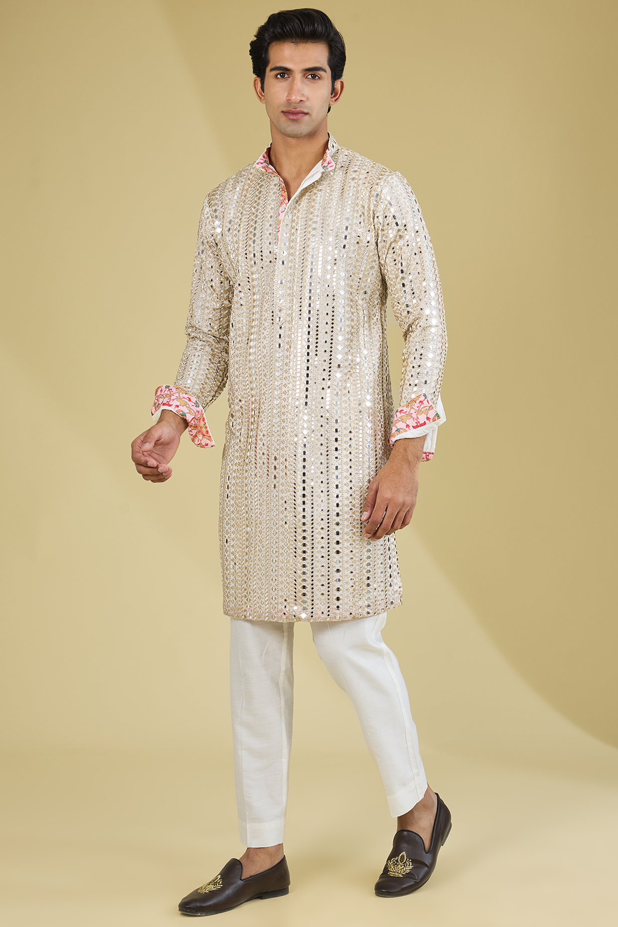 Ivory Georgette Mirror Embroidered Kurta Set by Rabani & Rakha Men