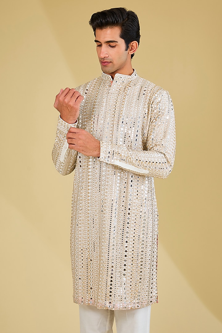 Ivory Georgette Mirror Embroidered Kurta Set by Rabani & Rakha Men at Pernia's Pop Up Shop