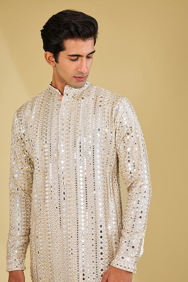 Ivory Georgette Mirror Embroidered Kurta Set by Rabani & Rakha Men at Pernia's Pop Up Shop