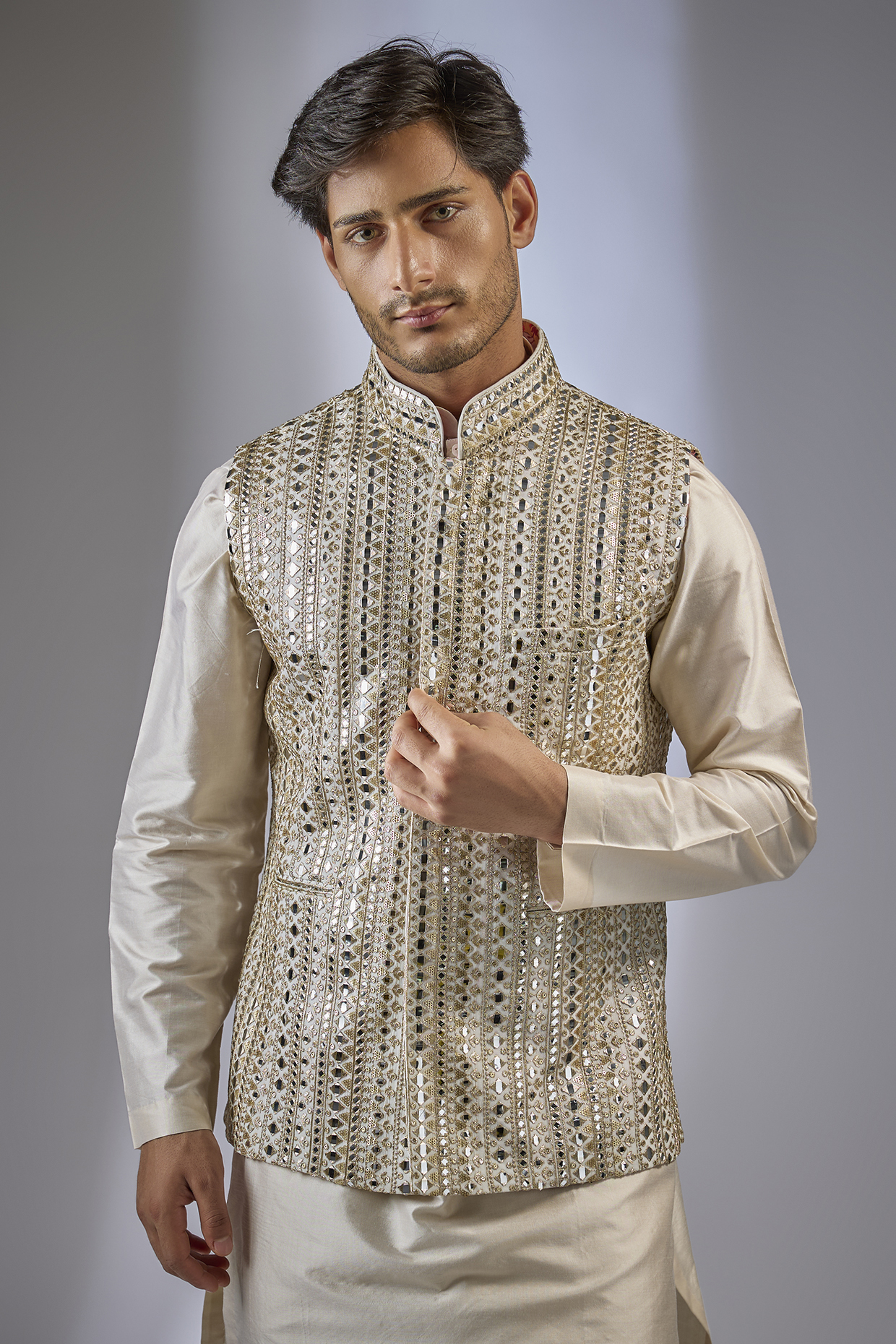 Ivory Georgette Sequin Work Bundi Jacket by Rabani & Rakha Men