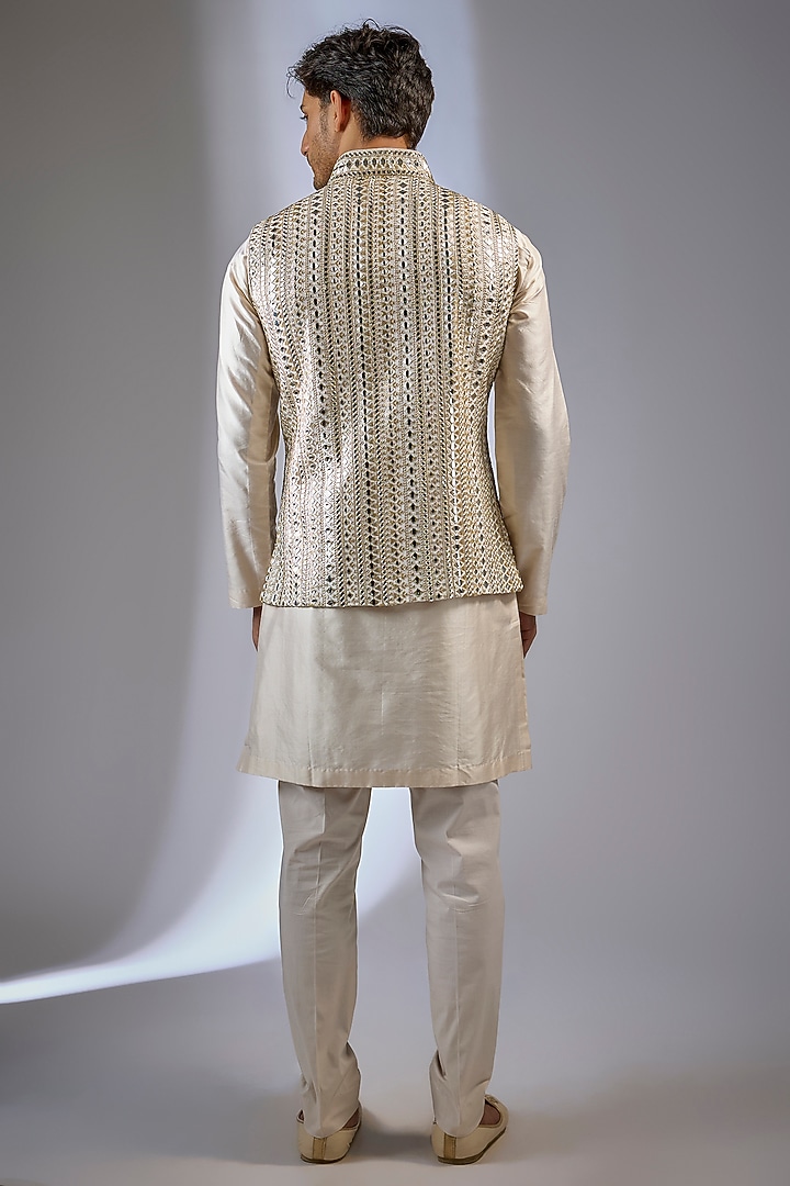 Ivory Georgette Sequin Work Bundi Jacket by Rabani & Rakha Men at Pernia's Pop Up Shop