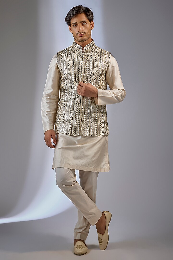 Ivory Georgette Sequin Work Bundi Jacket by Rabani & Rakha Men at Pernia's Pop Up Shop