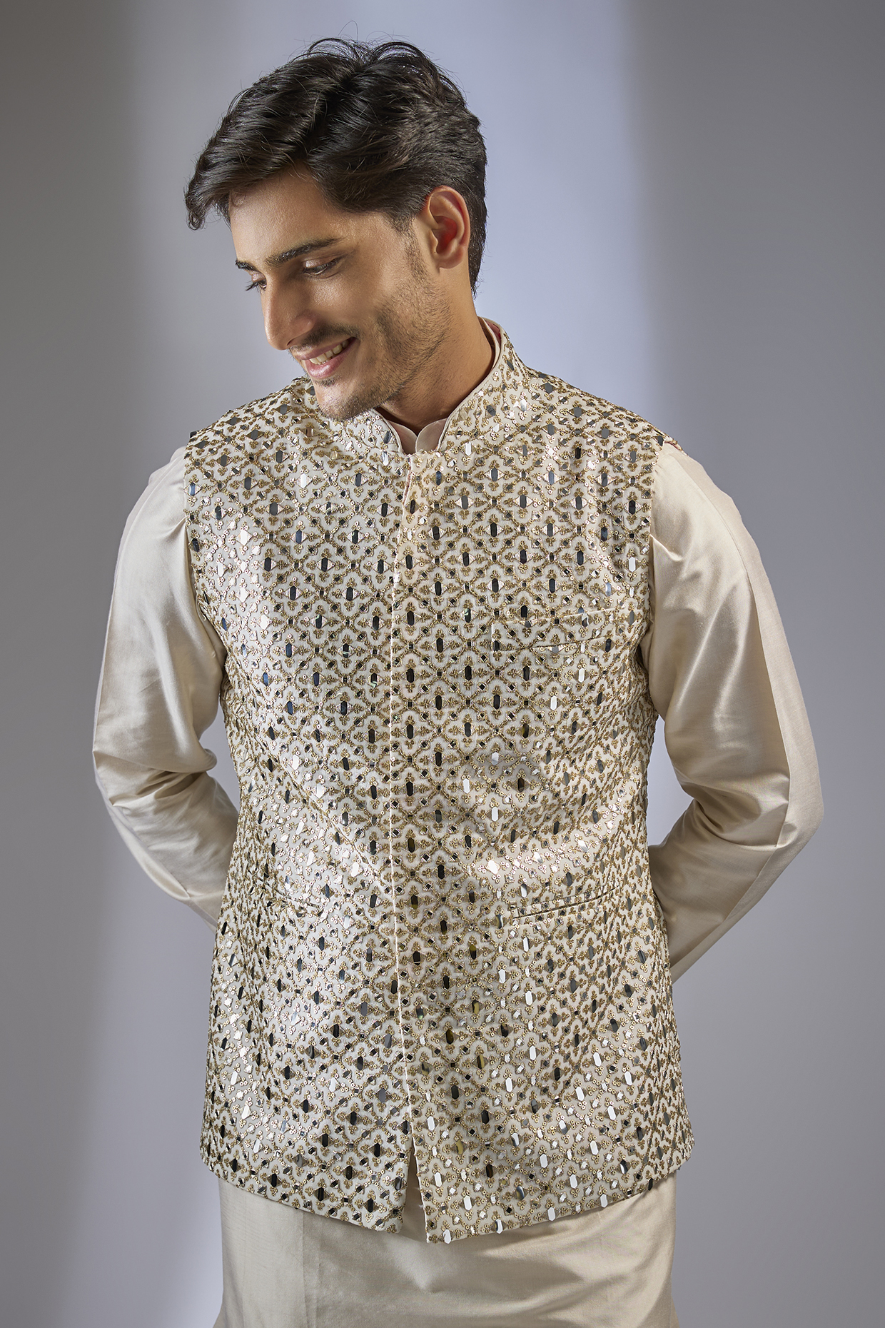 Ivory Georgette Sequin Work Bundi Jacket by Rabani & Rakha Men