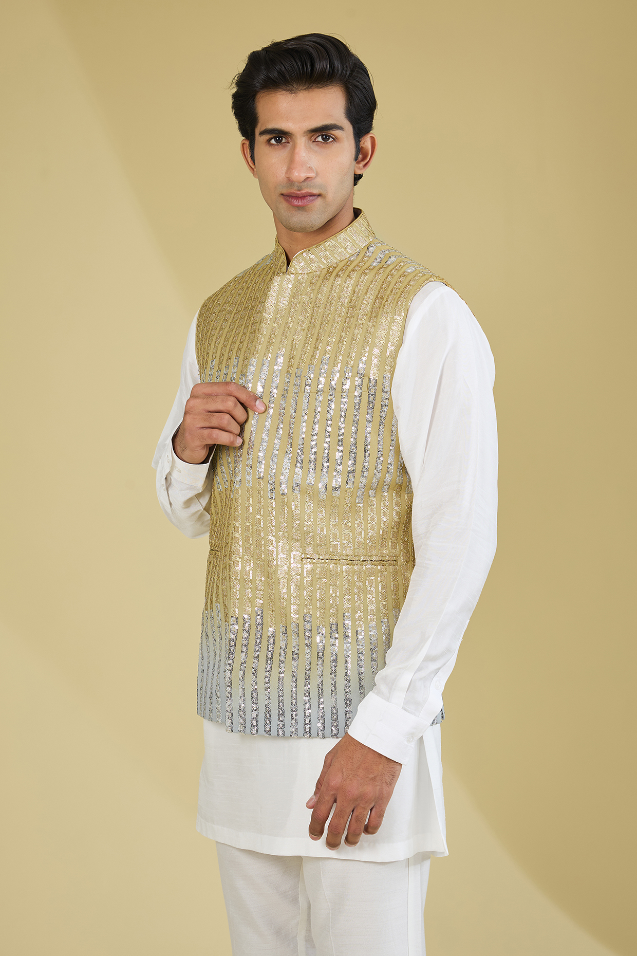 Gold & Silver Sequins Work Bundi Jacket by Rabani & Rakha Men