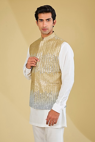 Gold & Silver Sequins Work Bundi Jacket by Rabani & Rakha Men