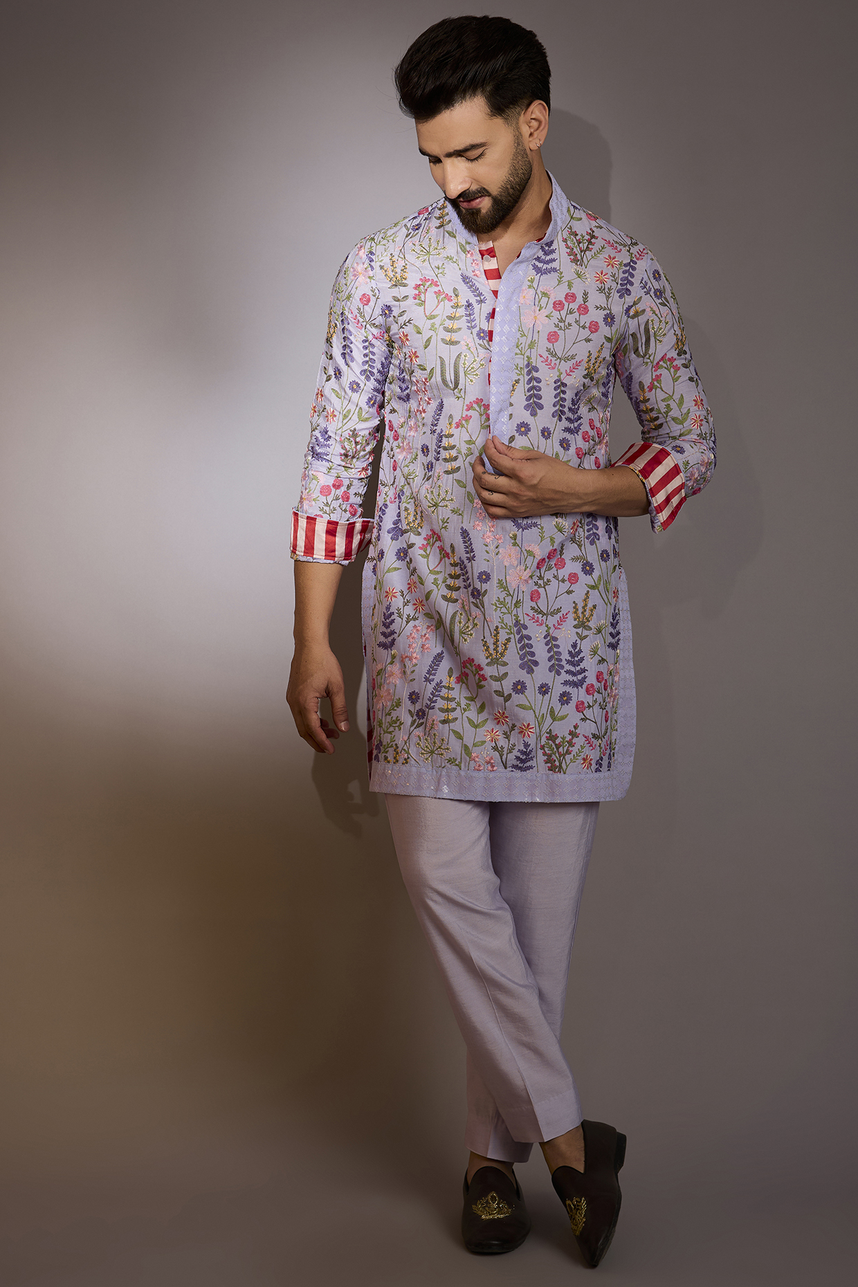 Lilac Raw Silk Sequins Work Kurta Set by Rabani & Rakha Men