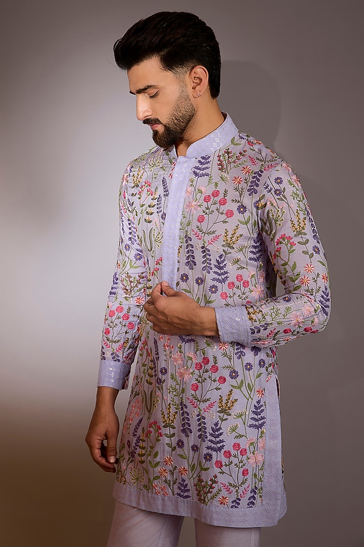 Lilac Raw Silk Thread Work Kurta Set by Rabani & Rakha Men at Pernia's Pop Up Shop