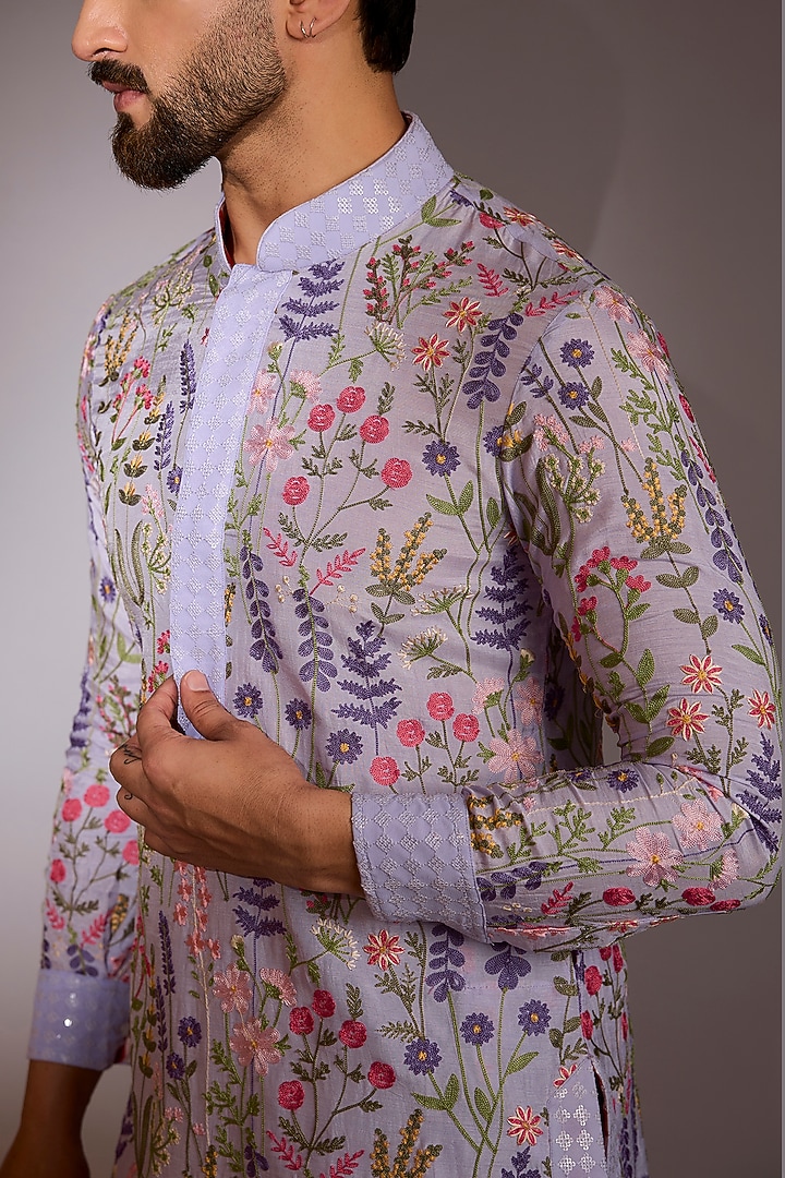 Lilac Raw Silk Thread Work Kurta Set by Rabani & Rakha Men at Pernia's Pop Up Shop