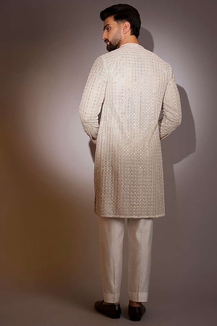 Off-White Georgette & Net Threadwork Kurta Set by Rabani & Rakha Men at Pernia's Pop Up Shop