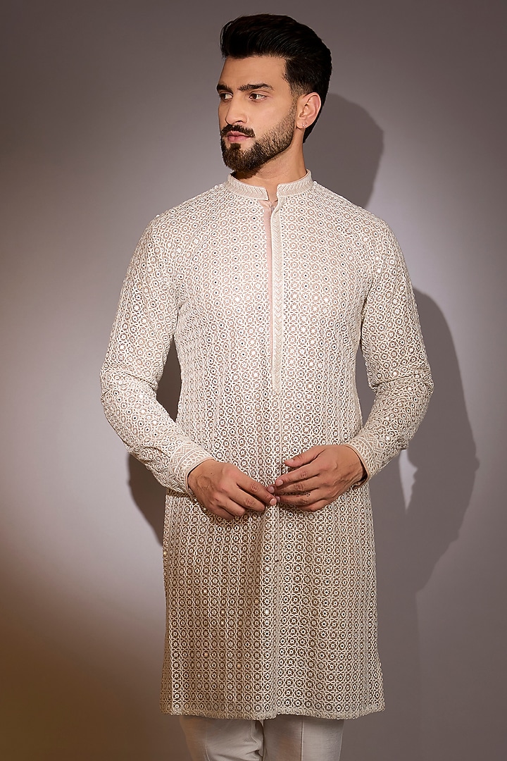 Off-White Georgette & Net Threadwork Kurta Set by Rabani & Rakha Men at Pernia's Pop Up Shop