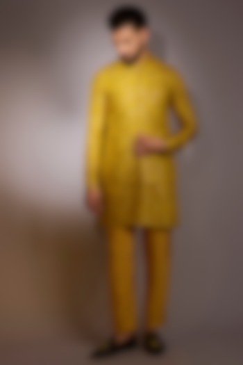 Mustard Yellow Silk Printed & Zari Work Bundi Jacket Set by Rabani & Rakha Men at Pernia's Pop Up Shop