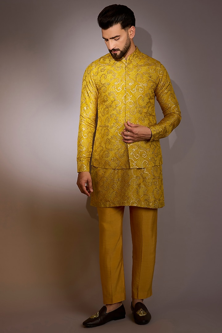 Mustard Yellow Silk Printed & Zari Work Bundi Jacket Set by Rabani & Rakha Men at Pernia's Pop Up Shop