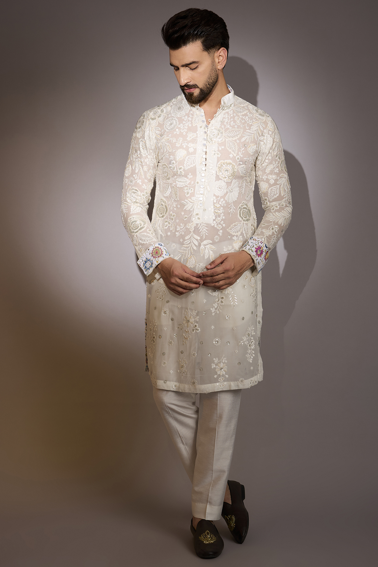 Ivory Georgette Sequins Work Kurta Set by Rabani & Rakha Men