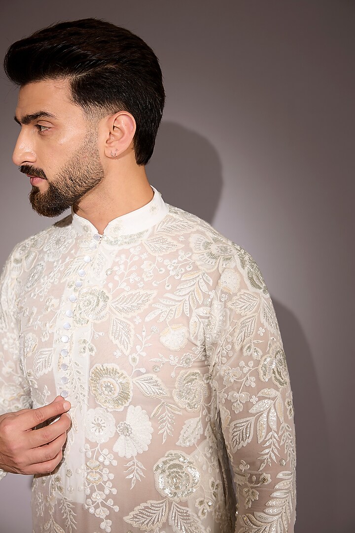 Ivory Georgette Sequins Work Kurta Set by Rabani & Rakha Men at Pernia's Pop Up Shop