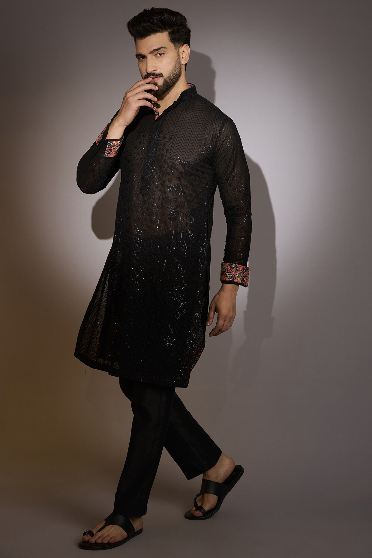 Black Georgette Sequins Work Kurta Set by Rabani & Rakha Men