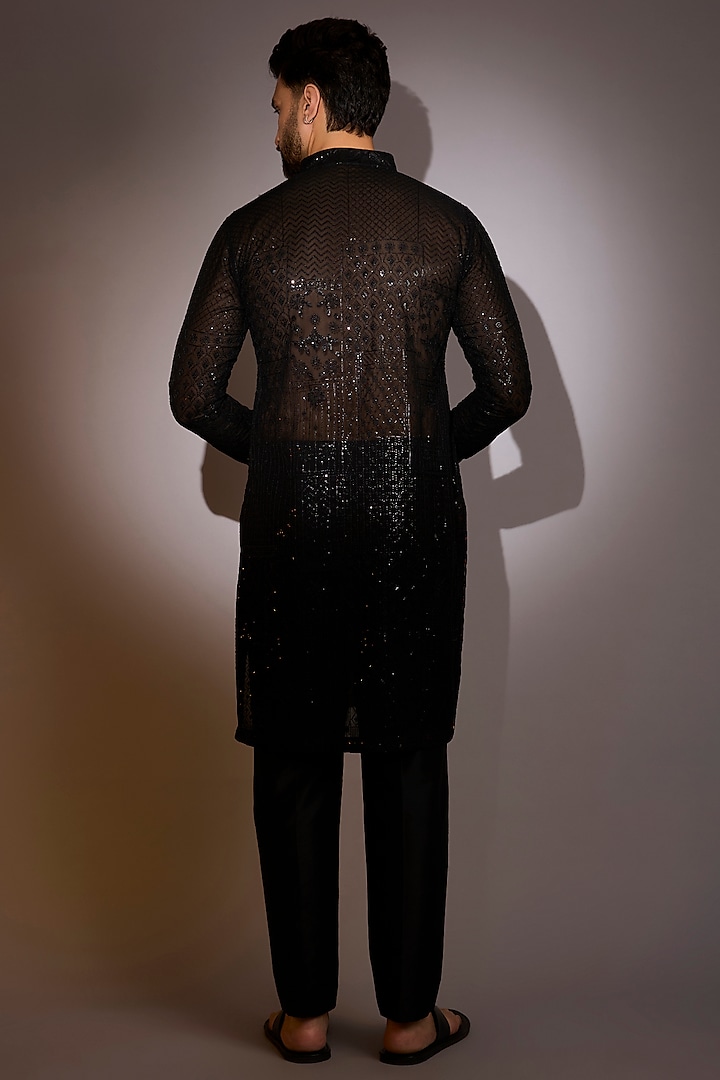 Black Georgette Sequins Work Kurta Set by Rabani & Rakha Men at Pernia's Pop Up Shop