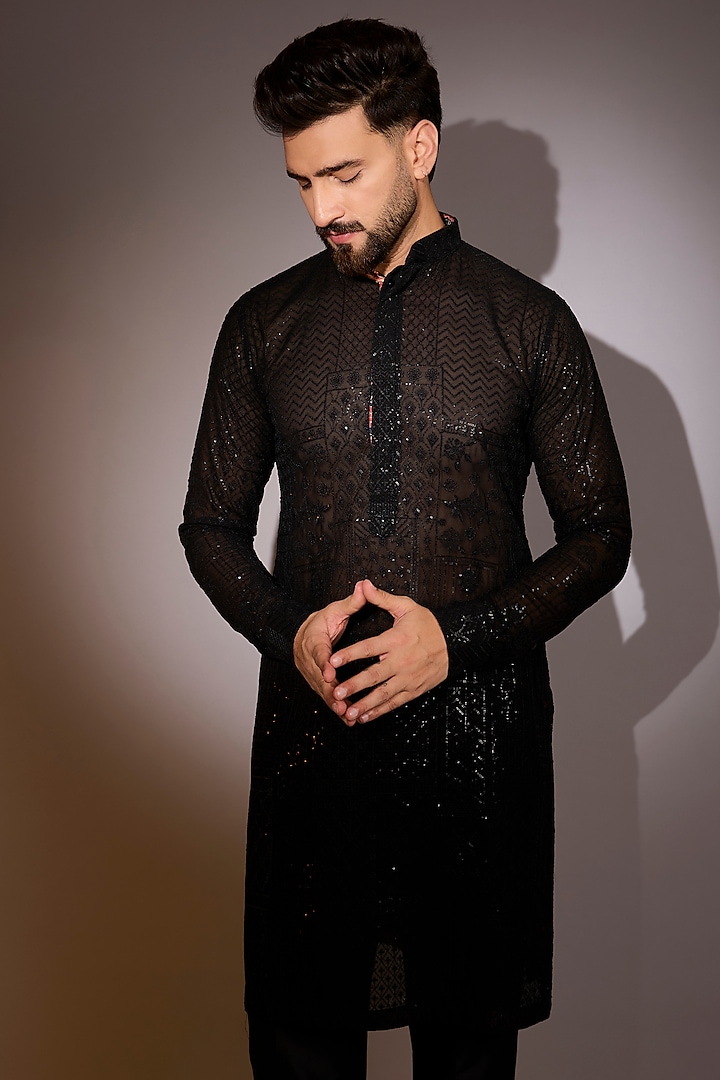 Black Georgette Sequins Work Kurta Set by Rabani & Rakha Men at Pernia's Pop Up Shop