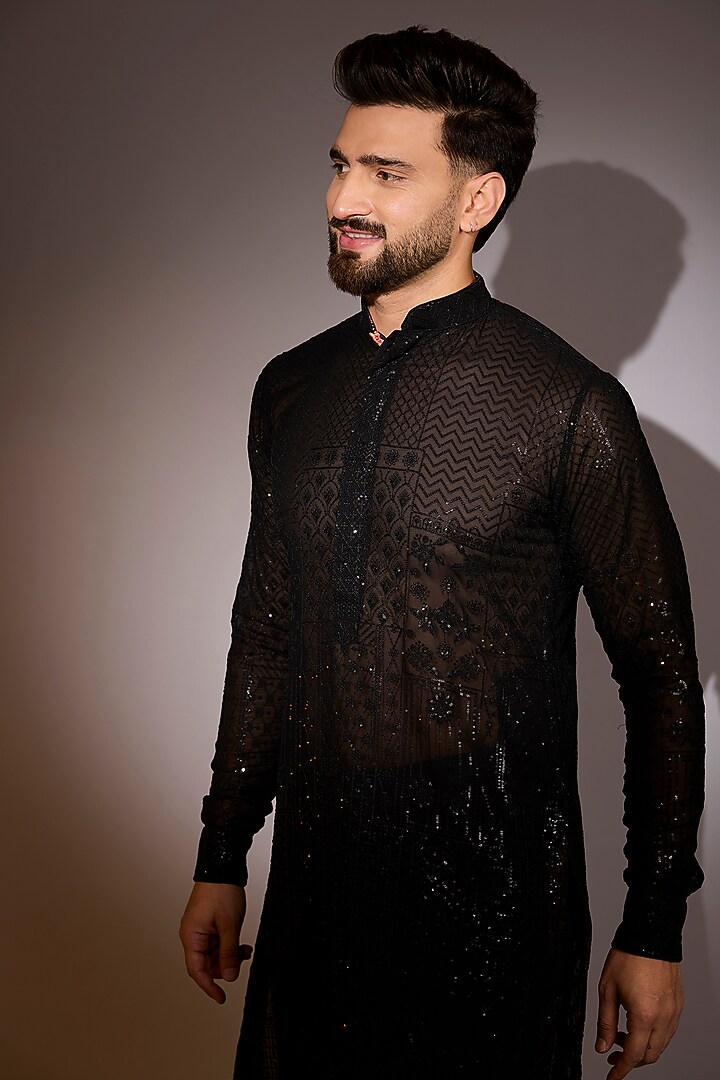 Black Georgette Sequins Work Kurta Set by Rabani & Rakha Men at Pernia's Pop Up Shop