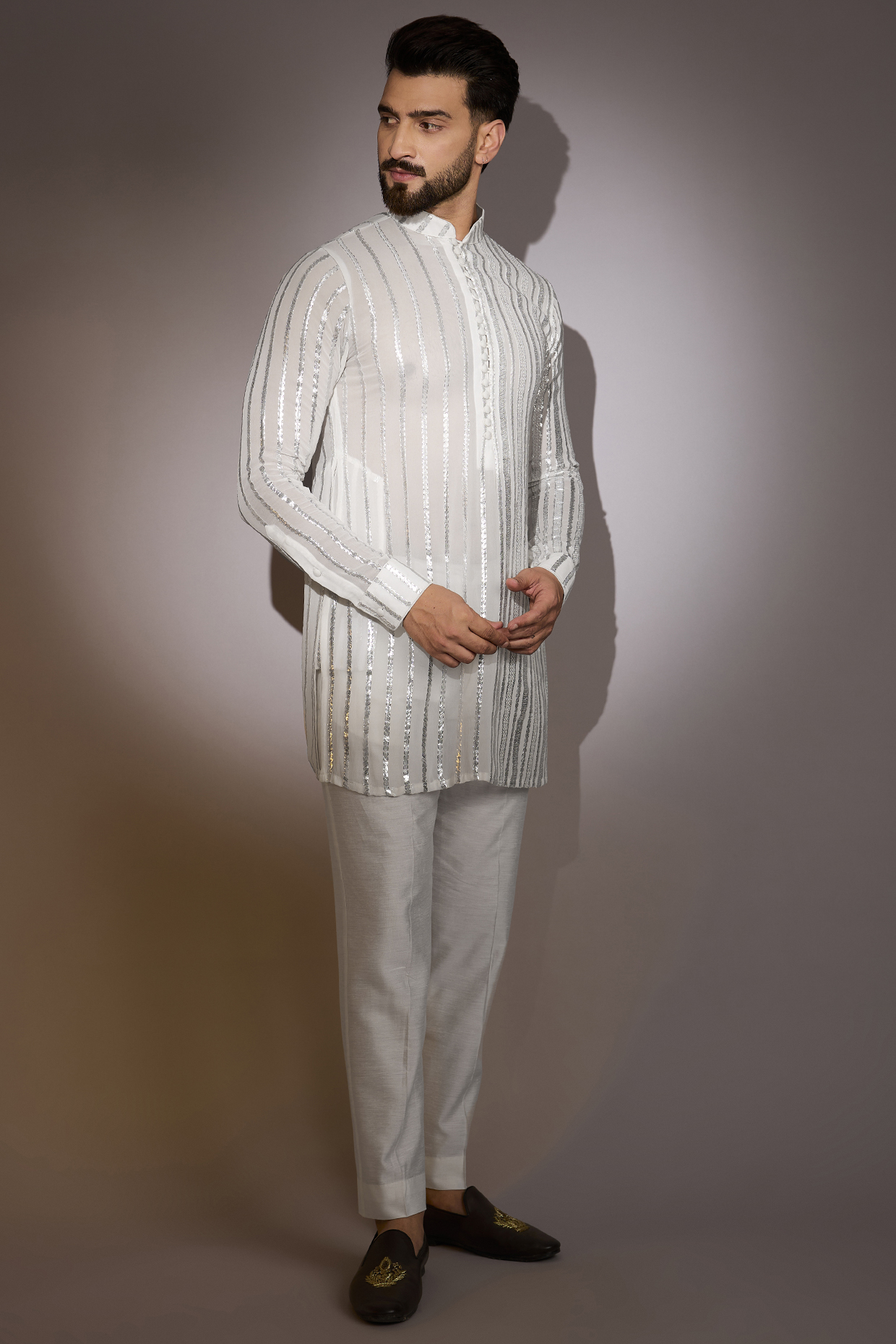 Ivory Georgette Gota Work Kurta Set by Rabani & Rakha Men