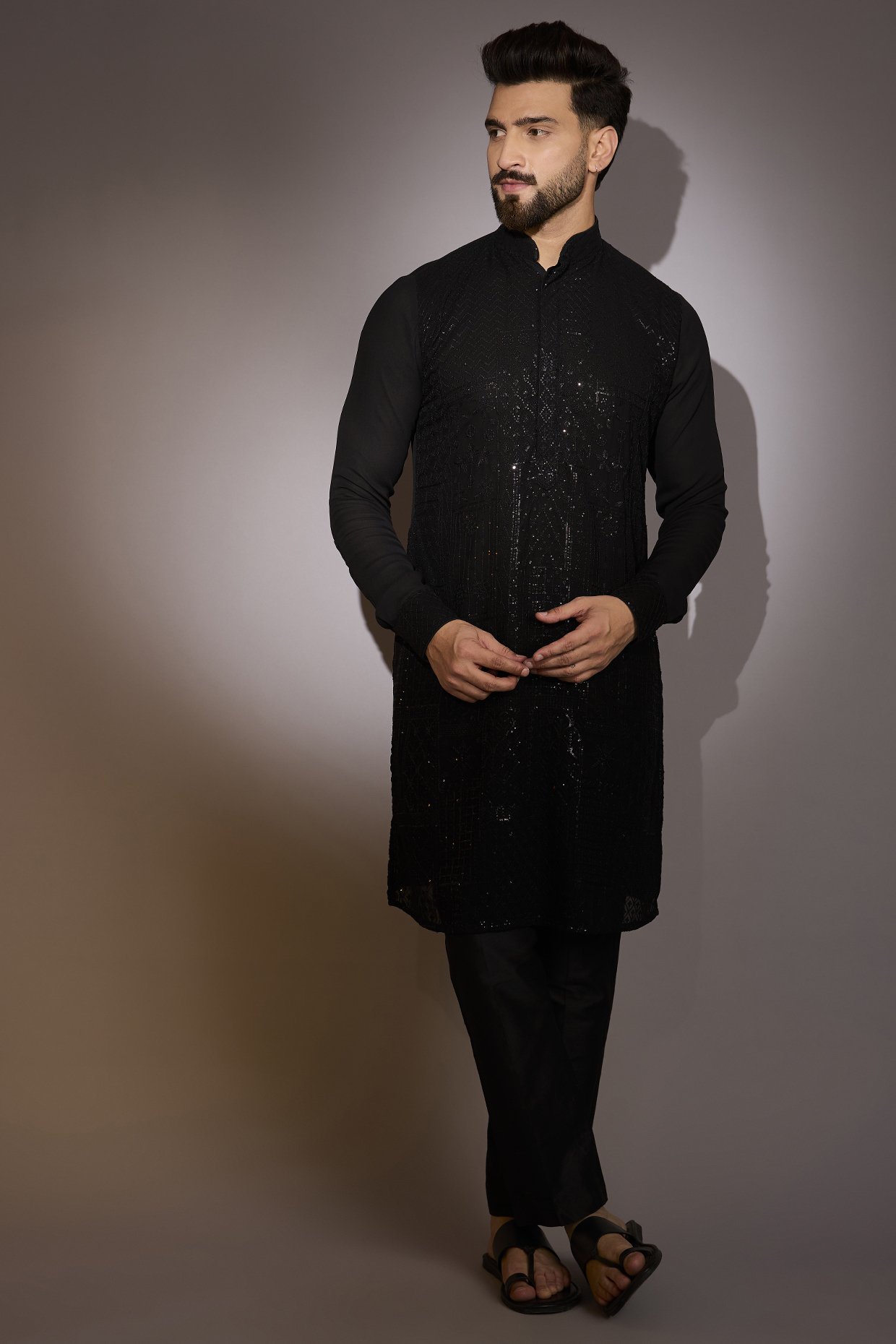 Black Georgette Sequins Work Kurta Set by Rabani & Rakha Men