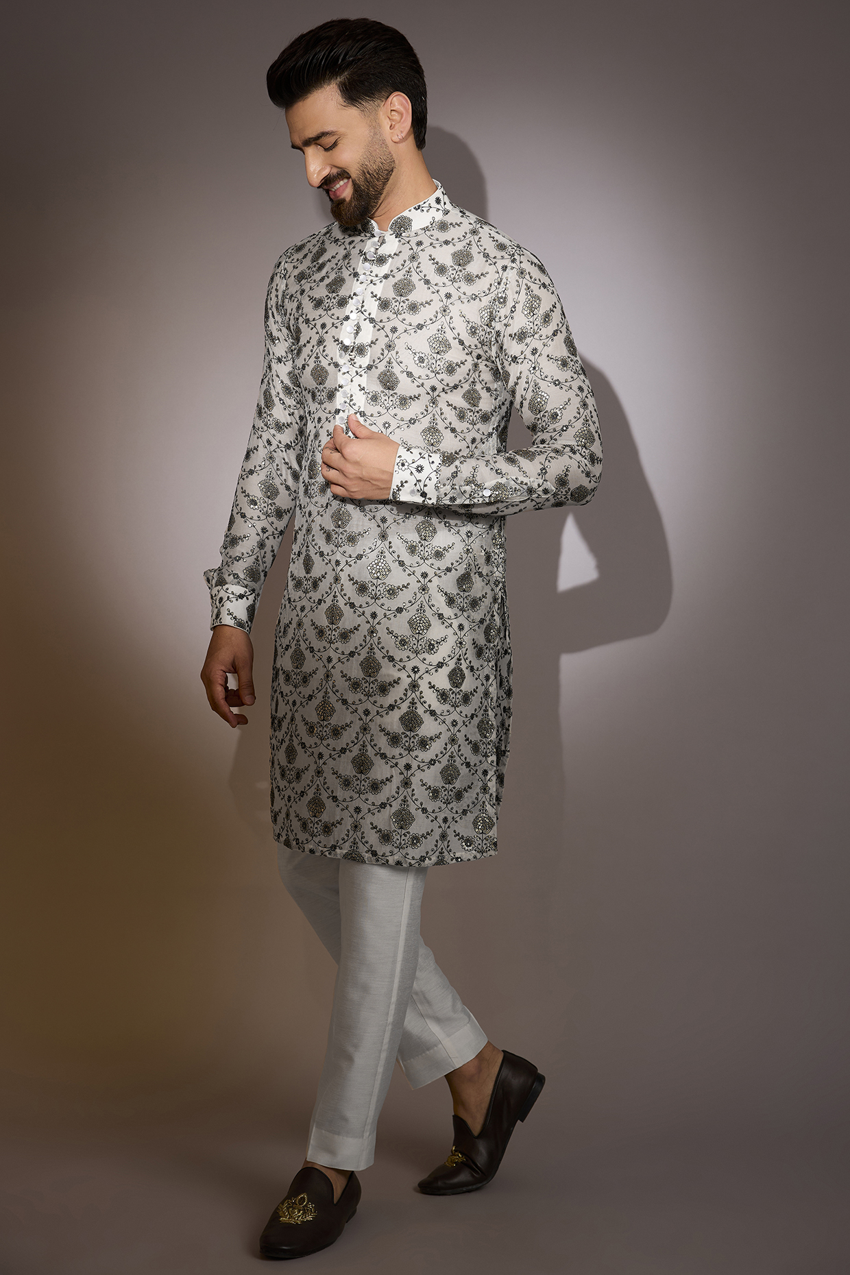 Ivory Chanderi Thread Work Kurta Set by Rabani & Rakha Men