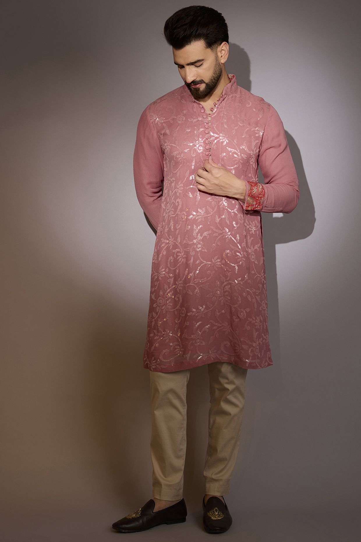 Dusky Pink Georgette Floral Sequins Work Kurta Set by Rabani & Rakha Men