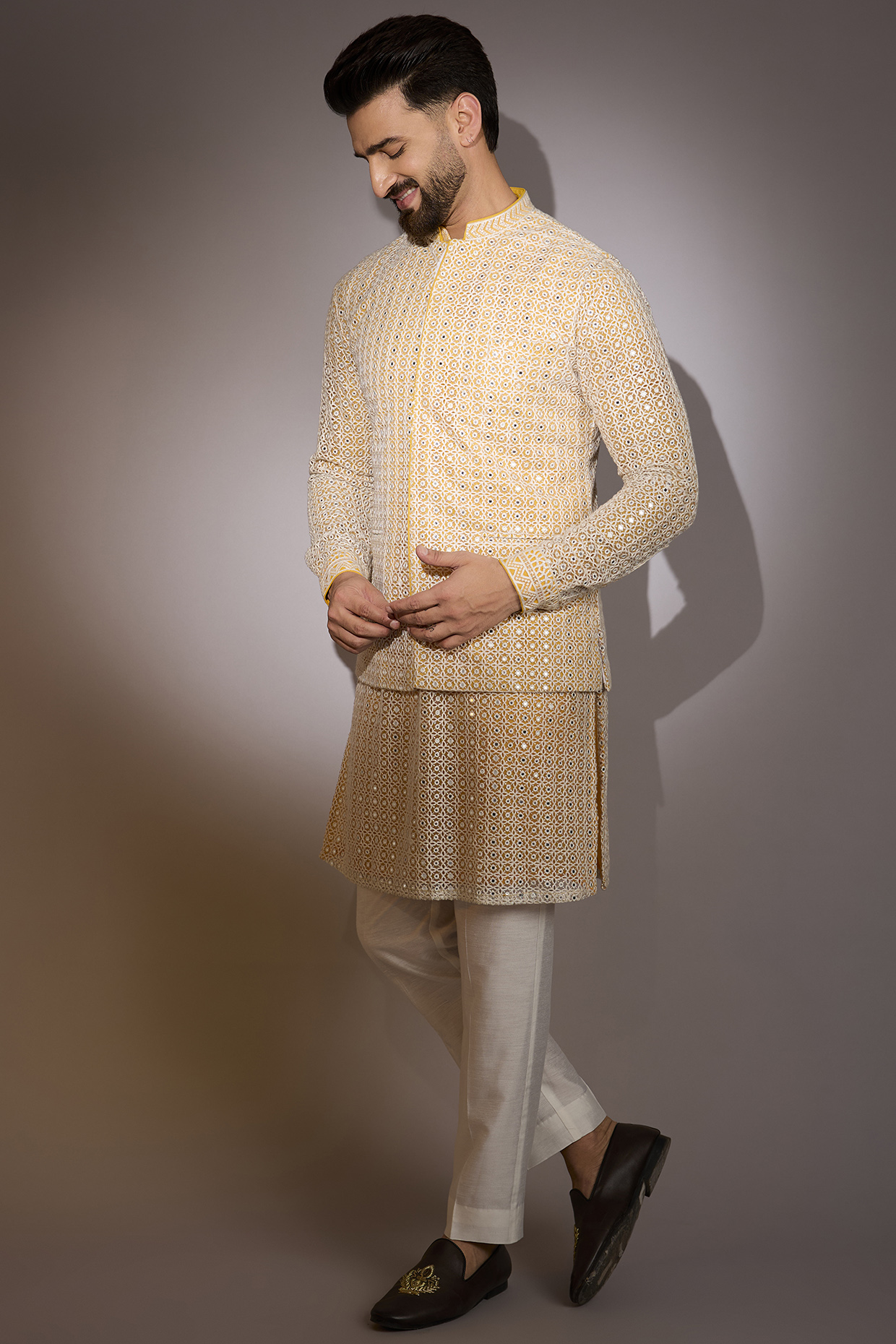 Off-White-Yellow Georgette & Net Threadwork Bundi Set by Rabani & Rakha Men
