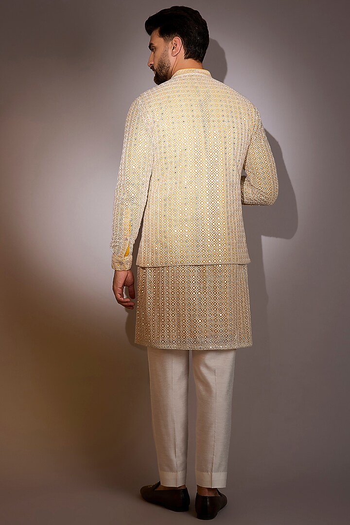 Off-White-Yellow Georgette & Net Threadwork Bundi Set by Rabani & Rakha Men at Pernia's Pop Up Shop