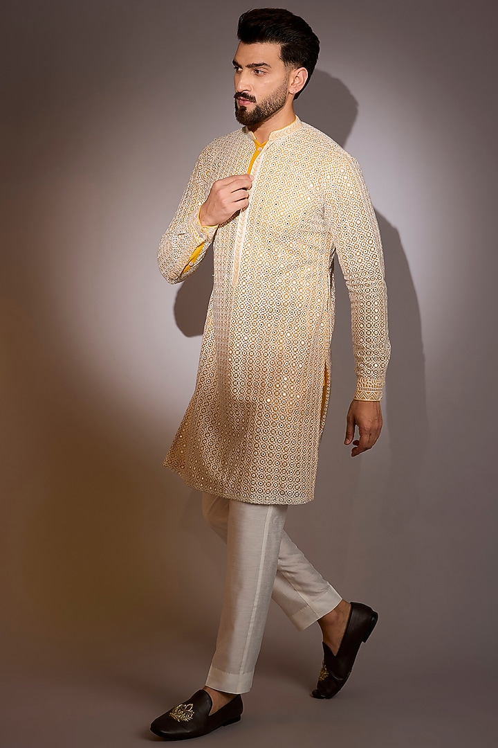 Off-White-Yellow Georgette & Net Threadwork Bundi Set by Rabani & Rakha Men at Pernia's Pop Up Shop