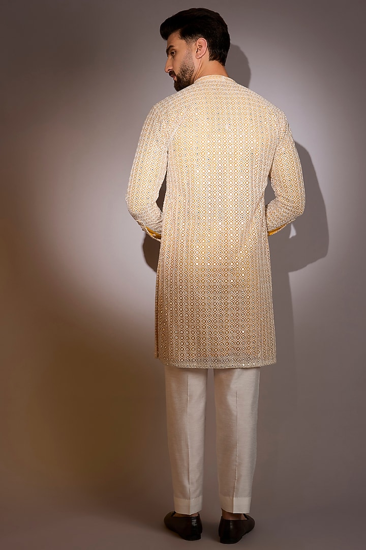 Off-White-Yellow Georgette & Net Threadwork Bundi Set by Rabani & Rakha Men at Pernia's Pop Up Shop