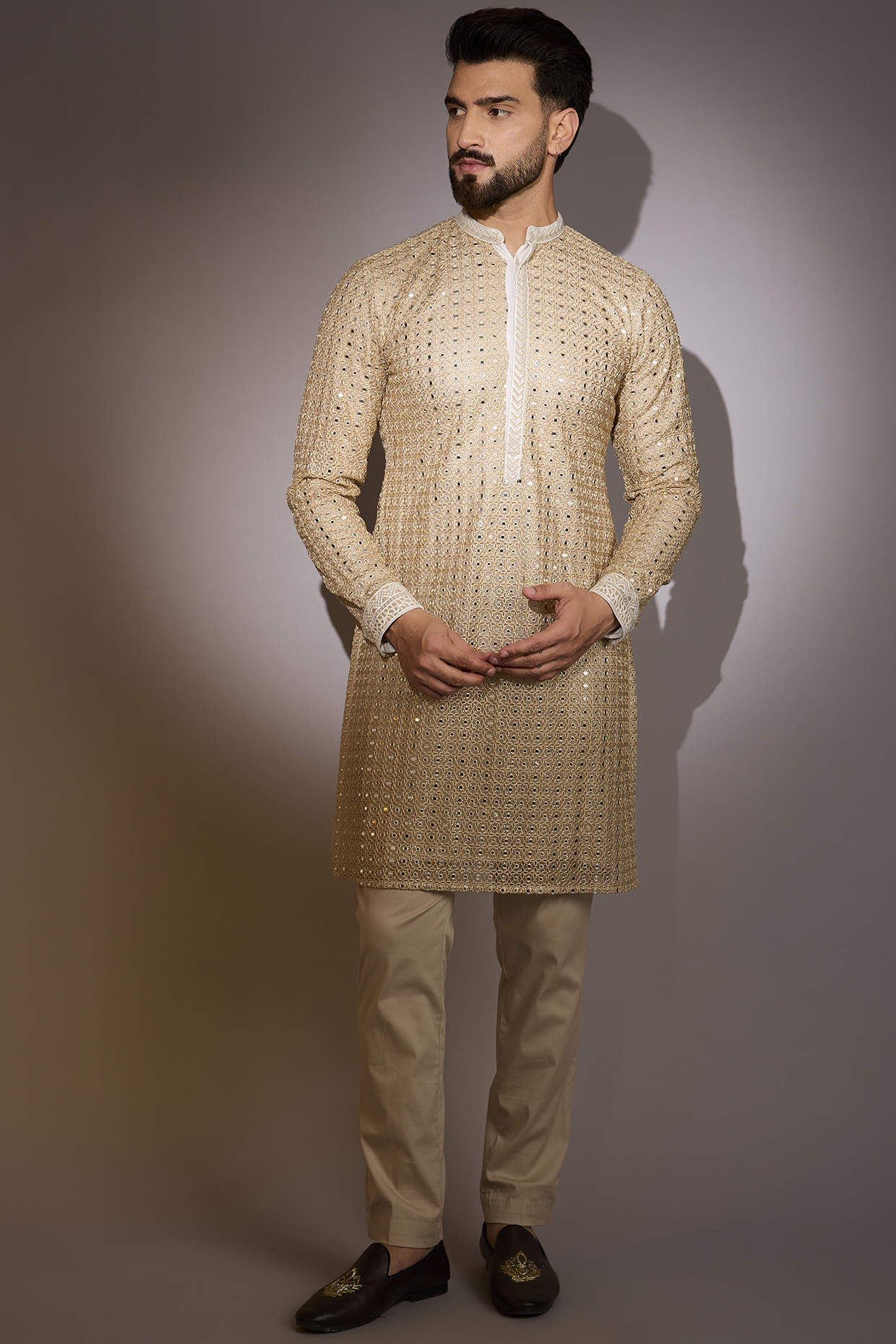 Gold Net Mirror Work Kurta Set by Rabani & Rakha Men