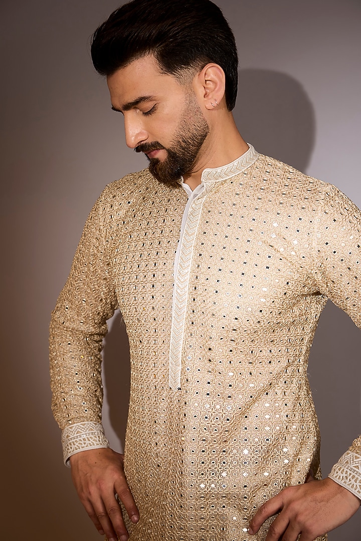 Gold Net Mirror Work Kurta Set by Rabani & Rakha Men at Pernia's Pop Up Shop