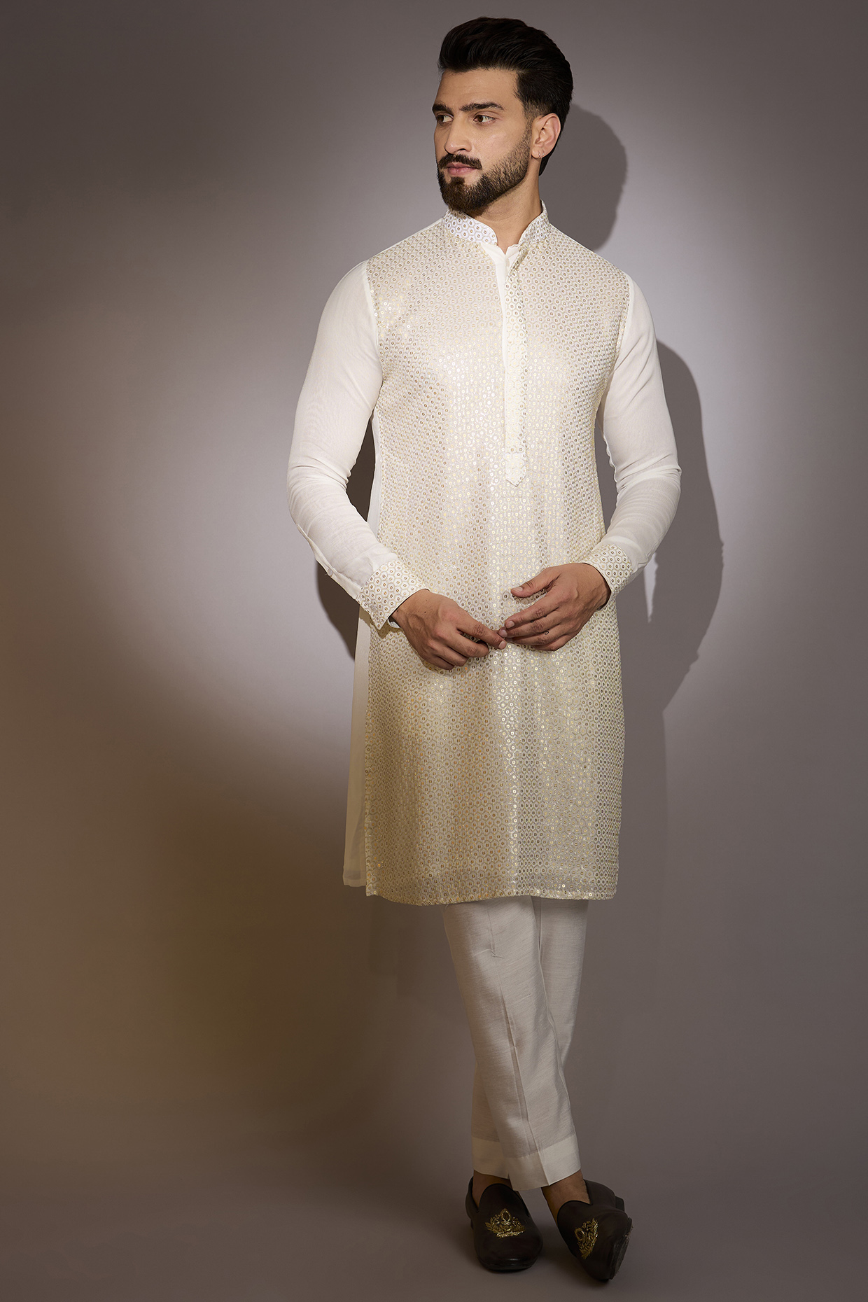 Off-White Georgette Sequins Work Kurta Set by Rabani & Rakha Men